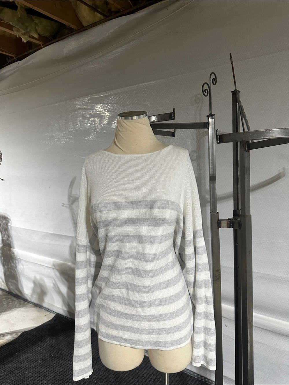 Cyrus Cream and Light Gray Striped Crew Sweater